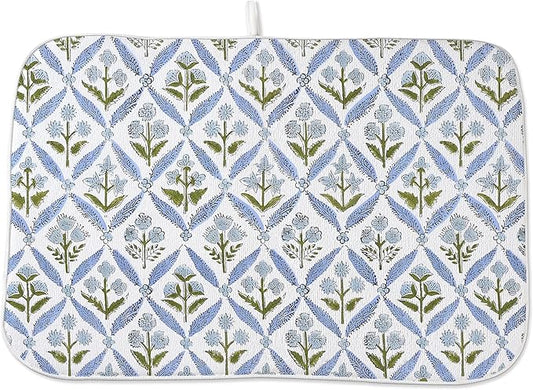 Boho Dish Drying Mat 18x24 Inches For Kitchen Counter Block Print Blue Floral Kitchen Decoration Drying Mat Modern Decorative Flower Drying Pad Mat for Home Kitchen Decor,Dining Room,Office