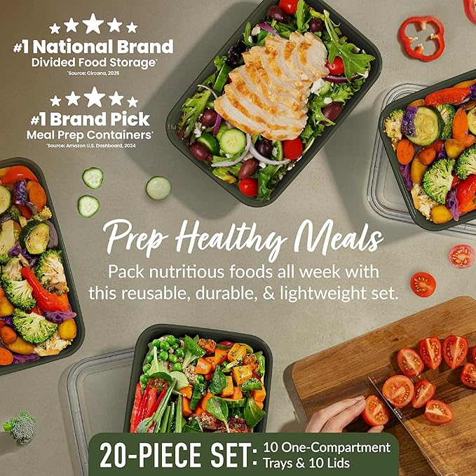 Bentgo Prep - 20-Piece 1-Compartment Reusable Meal Prep Containers with Lids, PFAS & BPA Free Materials, Durable, Microwave, Freezer, & Dishwasher Safe To Go Food Storage (Khaki Green)