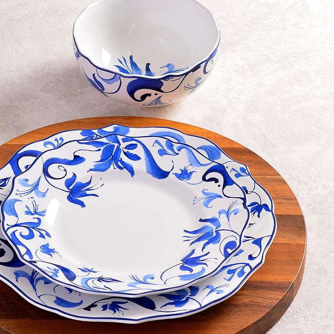 222 Fifth 12-Piece Porcelain Dinnerware Set for 4, Blue & White Plates and Bowls Set, Glossy Ceramic Dish Set with Beautiful Floral Rims, Elegant Kitchen Dishes, Microwave & Dishwasher Safe, Ayla