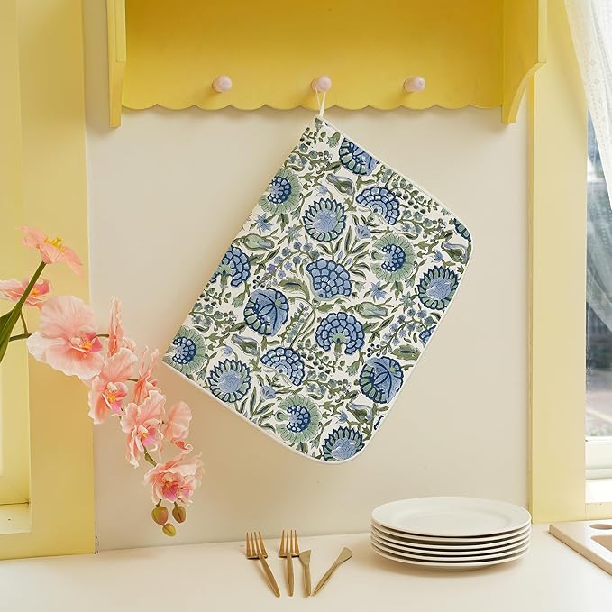 Blue Sage Green Floral Dish Drying Mats 18x24 Inch Sage Green Block Print Flower Holiday Kitchen Decor Absorbent Drying Pad Rack Drainer Mats for Kitchen Dining Room Counter