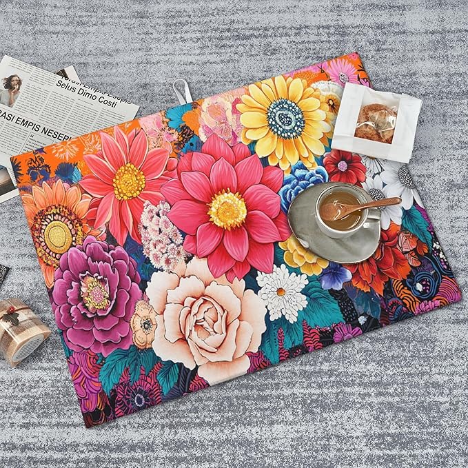 Boho Floral Dish Drying Mat For Kitchen Counter Microfiber Super Absorbent Non-Slip Dish Drying Pad For Countertops Dishes Utensils Stylish Quick-Dry Machine Washable 18x24 Inch