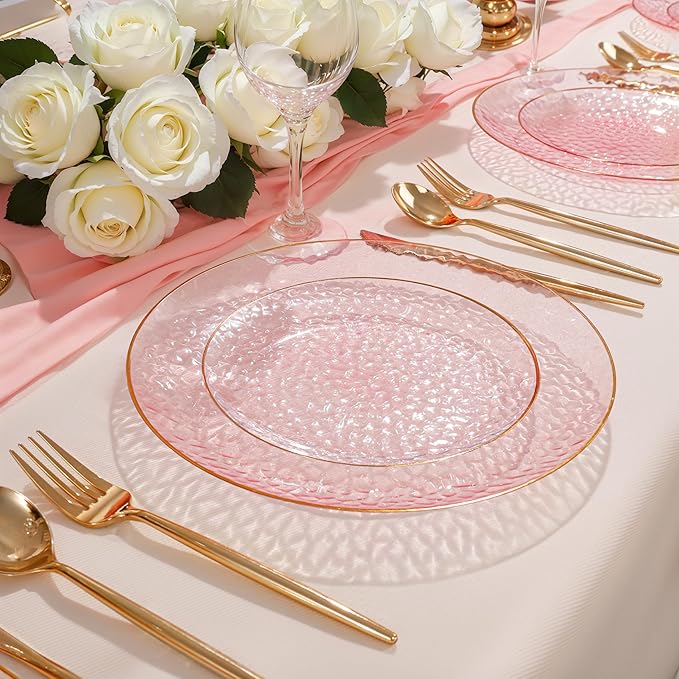SUT 100Pcs Pink Plastic Plates, Hammered Plates Disposable Heavy Duty, Pink Disposable Plates With Gold Rim, Fancy Plastic plates Include 50 Dinner and 50 Dessert plates for Wedding