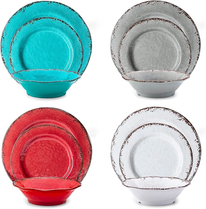 LEHAHA BPA Free Rustic Melamine Plate and Bowl Dinnerware Set Perfect for Indoor Outdoor Dining Party, Camping, 12 Piece Unbreakable Dinnerware Set, Service for 4