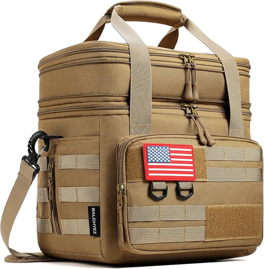 RalChyez Tactical Lunch Bag, 20L Large Heavy Duty Double Deck Insulated Lunch Box Leakproof Expandable Tote Cooler with Shoulder Strap for Adult Men Women Work Fishing Picnic Travel Tan