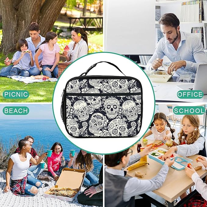 Skull Lunch Bag Insulated Reusable Lunch Box Kids Girls Boys Cooler Thermal Tote Bag For Men Women School Work Picnic