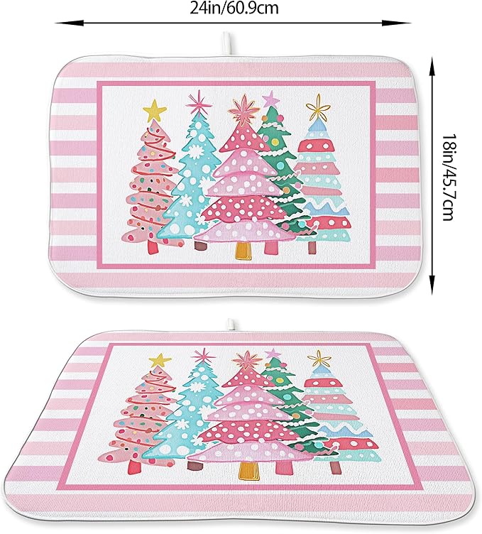 Christmas Dish Drying Mats 18x24 Inch Stripes Watercolor Pink Christmas Trees Star Drying Mats Xmas Winter Holiday Kitchen Decor Absorbent Drying Dish Pad for Kitchen Dining Room Counter