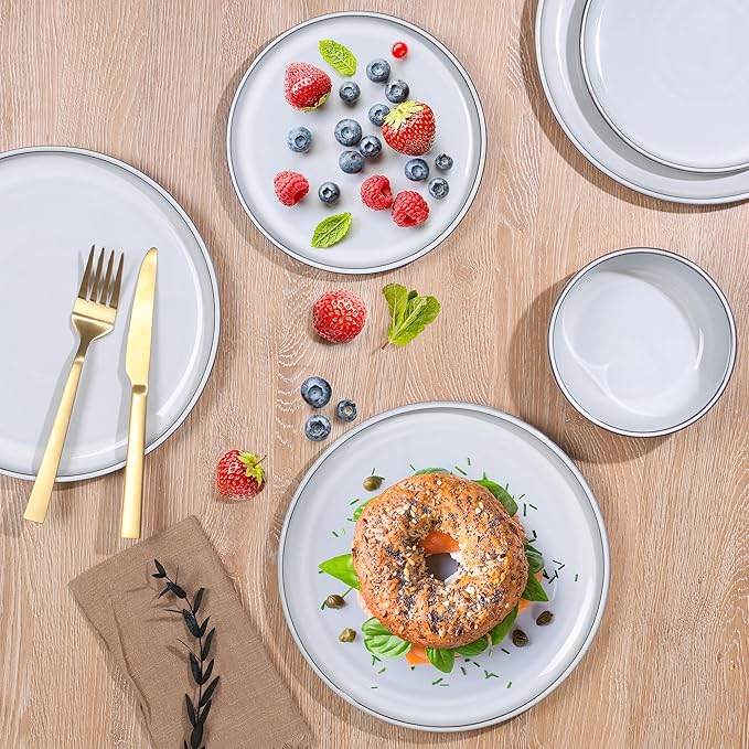 E-far Stoneware Dinnerware Sets for 8, 24 Pieces Reactive Glaze Plates and Bowls Sets, Elegant Dishes with Rustic Terracotta Clay Base, Dishwasher & Microwave Safe, Scratch Resistant, Glacier White