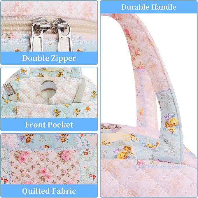 Quilted Lunch Box for Women,Insulated Cute Reusable Lunch Bag with Front Pocket,Pink Flower Stylish Lunch Tote Bag for Work, Office,Picnic, Travel,School (coloful floral)