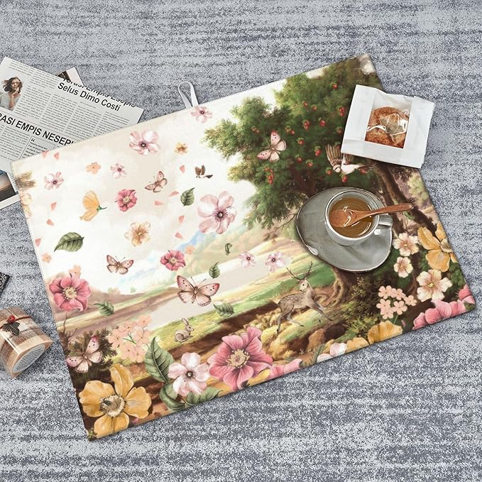 Retro Country Woods Deer Dish Drying Mat 18x24 Inch, Microfiber Absorbent Fast Dry Mat Flowers Butterfly Large Dish Mat Drying Kitchen Mat, Kitchen Drying Pad for Kitchen Counter Coffee Bar Decor