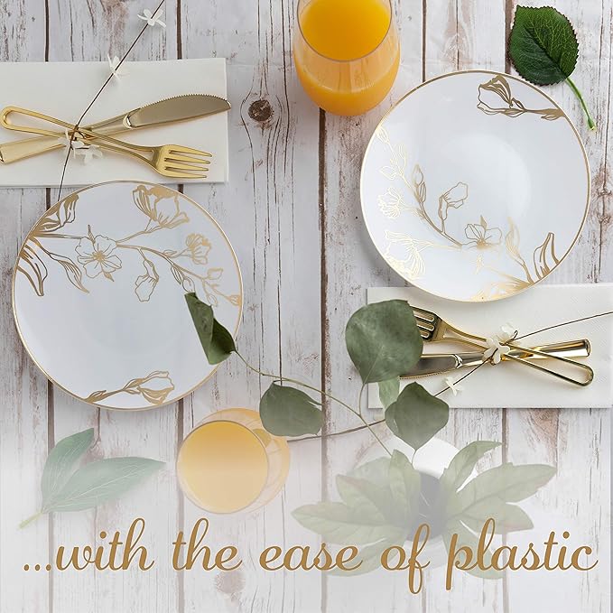 [7'' Plates 10 Count] White Plastic Floral Design Party Plates With Gold Rim Premium heavyweight Elegant Disposable Tableware Dishes