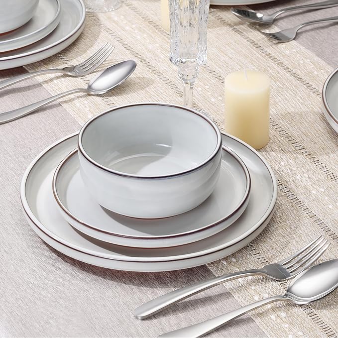 E-far Stoneware Dinnerware Sets for 6, 18 Pieces Reactive Glaze Plates and Bowls Sets, Elegant Dishes with Rustic Terracotta Clay Base, Dishwasher & Microwave Safe, Scratch Resistant, Glacier White