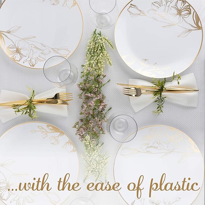 [10'' Plates 40 Count] White Plastic Floral Design Party Dinner Plates With Gold Rim Premium heavyweight Elegant Disposable Tableware Dishes
