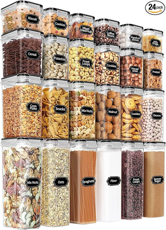PRAKI Airtight Food Storage Containers Set with Lids - 24 PCS, BPA Free Kitchen and Pantry Organization, Plastic Leak-proof Canisters for Cereal Flour & Sugar - Labels & Marker