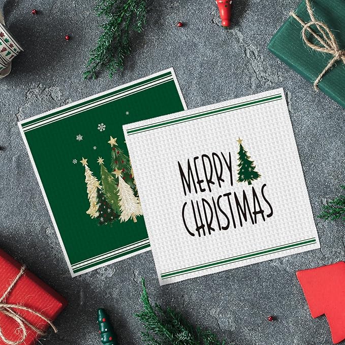 Artoid Mode Green Star Xmas Tree Merry Christmas Kitchen Dish Cloths, 12x12 Inch Quick Dry Microfiber Dishcloths for Kitchen Dish Rags Set of 2