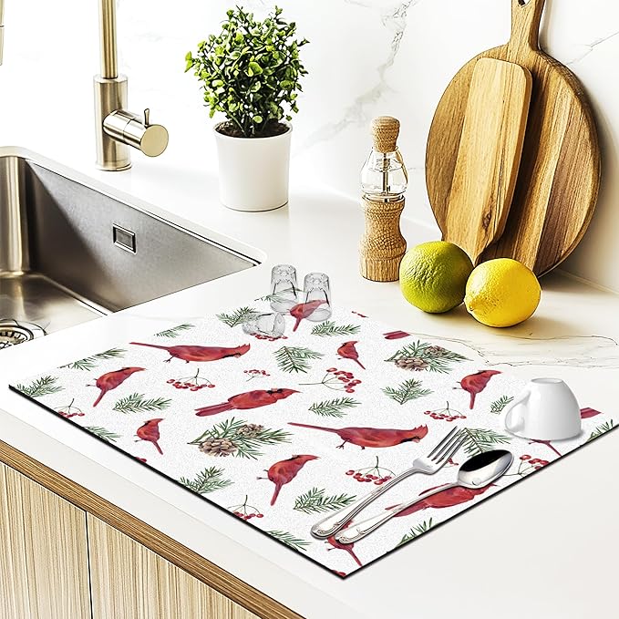 Winter Christmas Red Cardinal Dish Drying Mat, Cardinal Lovers Gifts, Berry Xmas Pine Branch Absorbent Dish Drainer Reusable Washable Drying Mat Pad for Kitchen Counter, 12×15 Inch