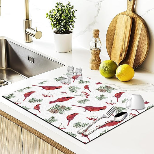 Winter Christmas Red Cardinal Dish Drying Mat, Cardinal Lovers Gifts, Berry Xmas Pine Branch Absorbent Dish Drainer Reusable Washable Drying Mat Pad for Kitchen Counter, 12×15 Inch