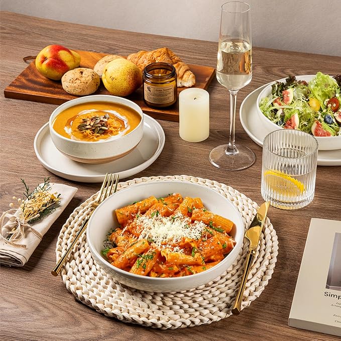 AmorArc Ceramic Dinnerware Sets with Pasta Bowls for 6, Handpainted Plates and Bowls Set with Rustic Terracotta Underside, Scratch Resistant Dishes Set, Dishwasher & Microwave Safe, 24 Pcs