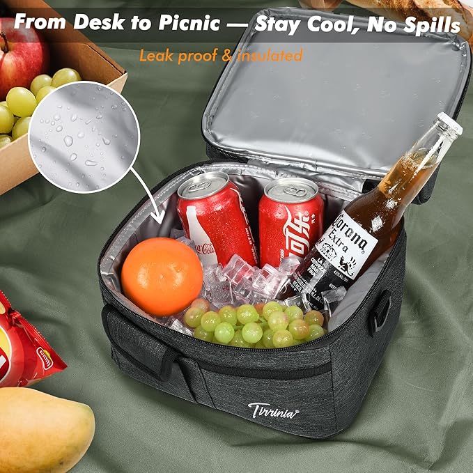 Tirrinia Reusable Lunch Box for Men Women, Insulated Lunch Bag Adult Work, Double Decker Leakproof Lunchbox for Office Picnic Beach—Dual Compartment Lunch Cooler Bag