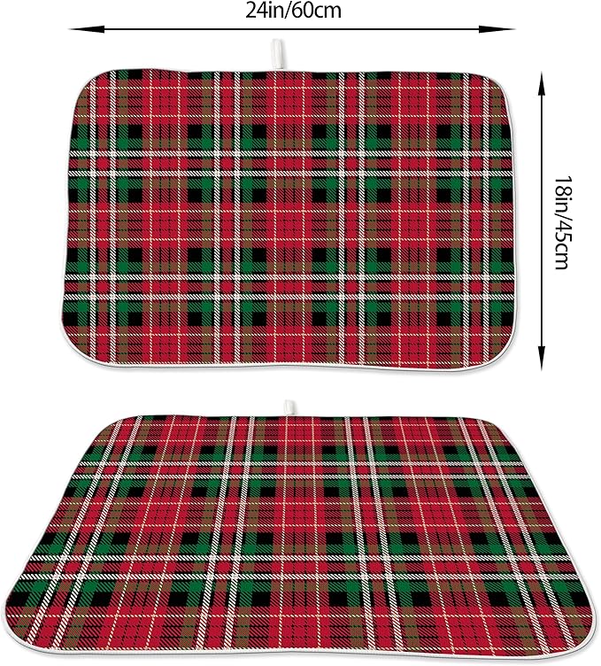 Christmas Drying Mat 18x24 Inches For Kitchen Counter Winter Red Green Buffalo Plaid Kitchen Decoration Drying Mat Decorative Pad for Kitchen Dining Room Decor