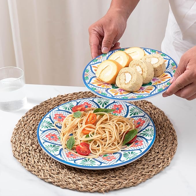 18 Pieces Melamine Dinnerware Sets, Service for 6, Paisley Kitchen Plates and Bowls Set, Unbreakable & Lightweight Dinnerware Set, Camping Dishs Indoor Outdoor Use, Spanish Floral Pattern