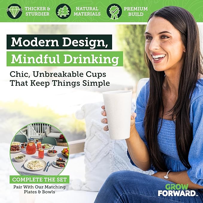 Grow Forward Premium Wheat Straw Cups - 20 oz Unbreakable BPA Free Hard Plastic Cups - Reusable Lightweight Plastic Drinking Glasses for Kitchen, Outdoor, Water, Camping, RV - Sahara