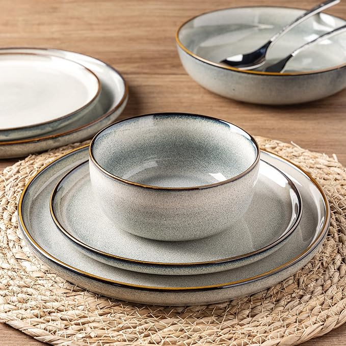 GBHOME 32 Pieces Double Bowls Ceramic Dinnerware Sets for 8, Stoneware Plates and Bowls Set with Reactive Glaze, Scratch Resistant Stoneware Dishes Set, Dishwasher & Microwave Safe