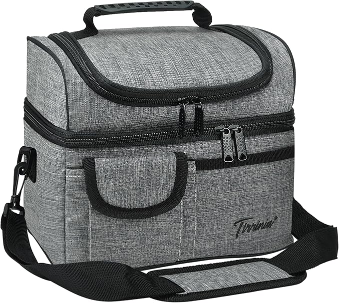 Tirrinia Reusable Lunch Box for Men Women, Insulated Lunch Bag Adult Work, Double Decker Leakproof Lunchbox for Office Picnic Beach—Dual Compartment Lunch Cooler Bag,Dark Gray