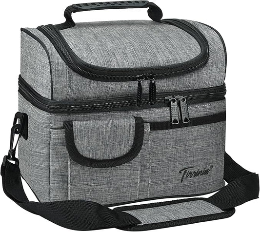 Tirrinia Reusable Lunch Box for Men Women, Insulated Lunch Bag Adult Work, Double Decker Leakproof Lunchbox for Office Picnic Beach—Dual Compartment Lunch Cooler Bag,Dark Gray