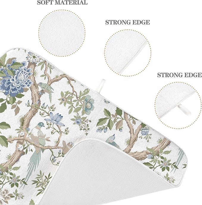 Blue Green Floral Bird Dish Drying Mats 18x24 Inch Blue Green Vintage Flowers Bird Chinoiserie Decorative Drying Mats Outdoor Kitchen Decor Coffee Bar Mat for Kitchen Dining Room