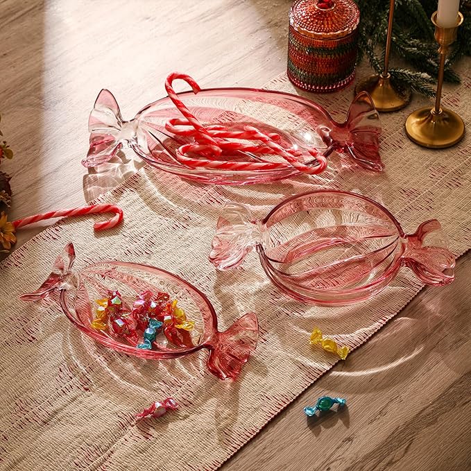 Christmas Candy Glass Plate, Christmas Theme Serving Tray for Holiday Desserts, Cookies & Candy Display, Festive Party Bowl, Pink Xmas Decorations Small