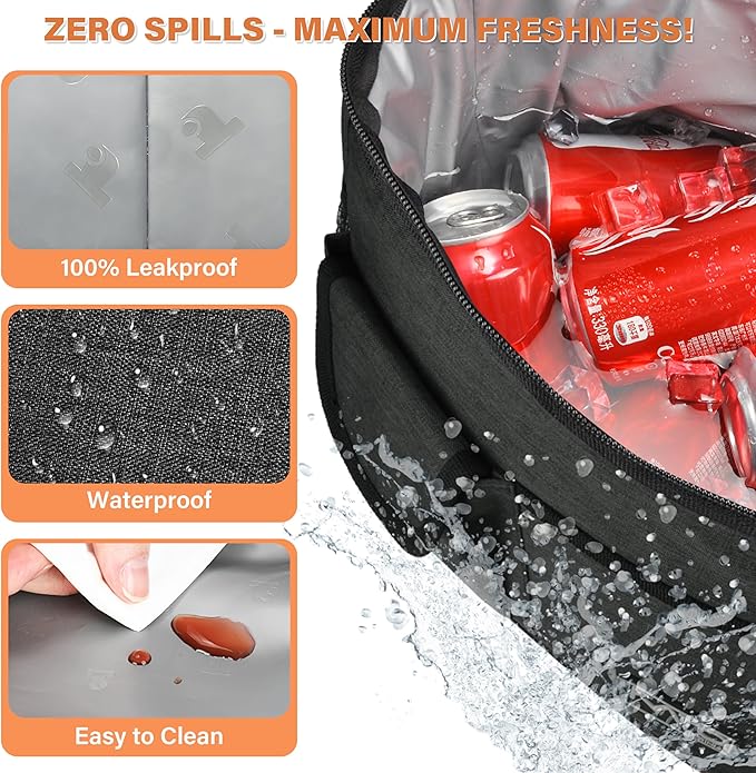 Tirrinia Insulated Large Lunch Bag for Women Men, Leakproof Lunch Box Containers for Adults, Work, School, Soft Lunchbox for Kids, Boys, Adult Cooler Bag for Picnic, Hiking,Beach, Black