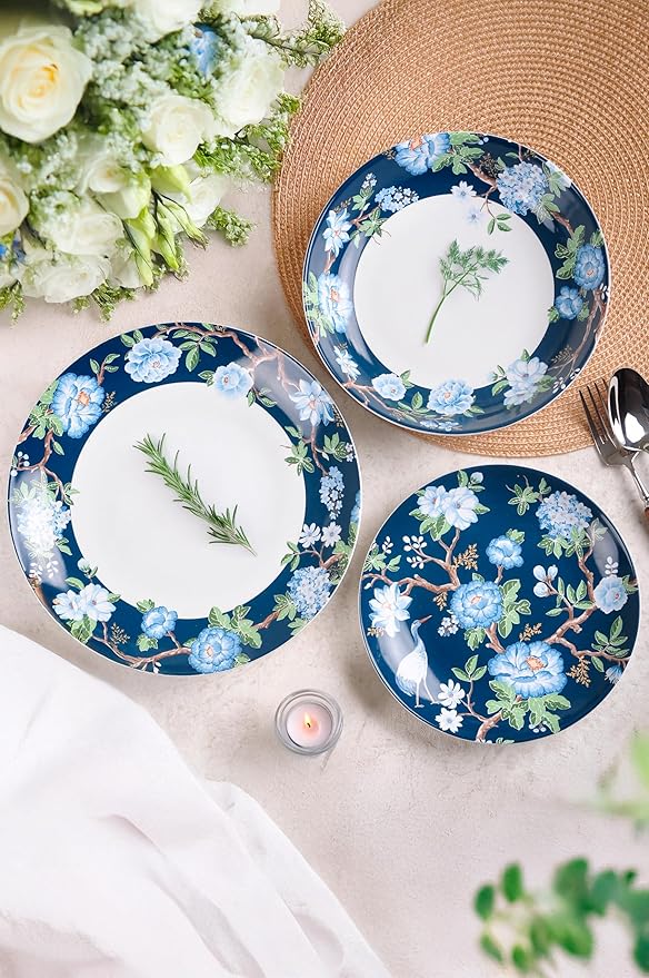 222 Fifth 12-Piece Porcelain Dinnerware Set for 4, Luxury White & Bohemian Blue Plates and Bowls Set, Glossy Ceramic Dish Set with Detailed Floral, Microwave & Dishwasher Safe Dishes, Nightingale
