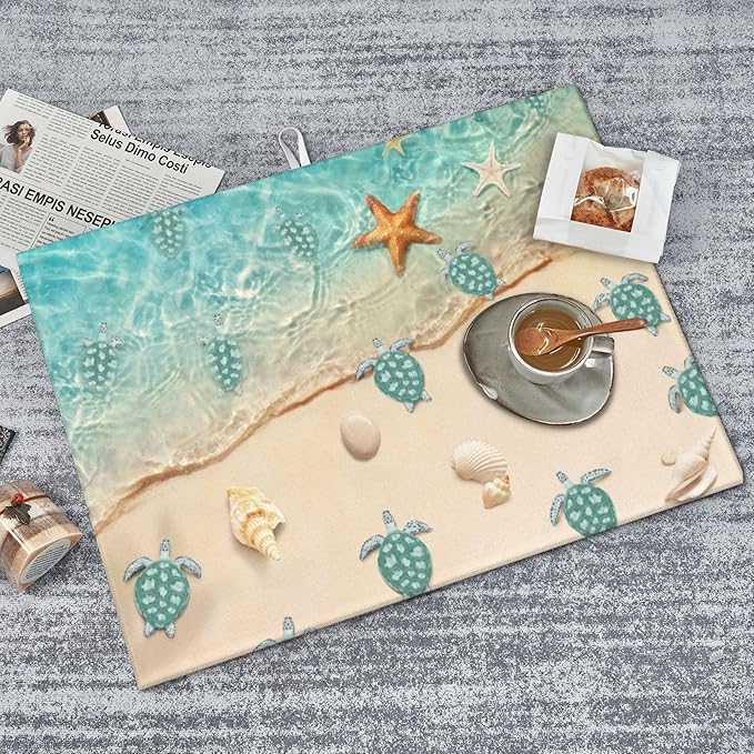 Sea Turtles Beach Dish Drying Mat for Kitchen Counter Cute Drying Pad 18x24 Inch Teal Nautical Decor Absorbent Reversible Dish Drainer Rack Mats