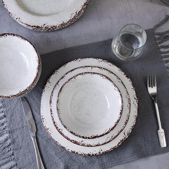 LEHAHA Vintage White Melamine Dinnerware set-12 Piece Lightweight Unbreakable Outdoor Camper Plates/Dishes and Bowls Set, Service for 4, Dishwasher Safe…