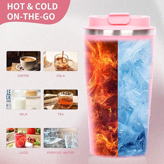 Coffee cups, mugs 17 oz - Insulated Coffee Travel Mug Spill Proof with Leak Proof Lid Vacuum Stainless Steel Insulated Mug Coffee Carry-On, Reusable Coffee Mug (pink)