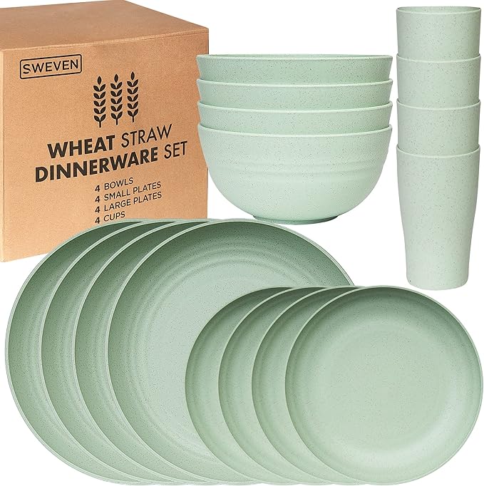 Wheat Straw Dinnerware Sets | Unbreakable Dinnerware Sets | Dishwasher Microwave Safe Dinnerware | Eco Friendly Non Breakable Dinnerware Sets | RV Outdoor Camping (Green, Service for 4 (16 pcs))
