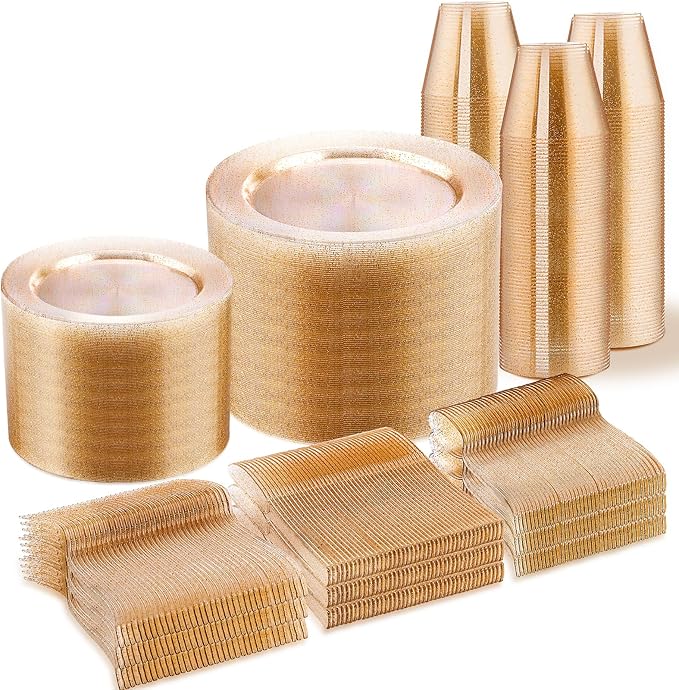 WELLIFE 600 PCS Gold Glitter Disposable Dinnerware Set for 100 Guests, Plastic Plates for Party, Including 100 Dinner Plates, 100 Salad Plates,Cups,Silverware Set for Wedding and Party Supplies
