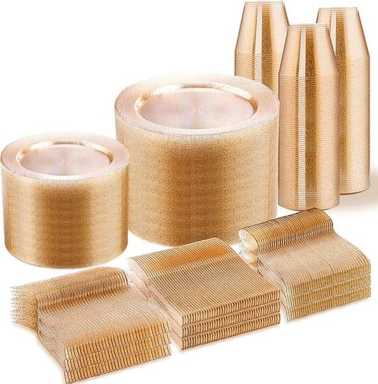 WELLIFE 600 PCS Gold Glitter Disposable Dinnerware Set for 100 Guests, Plastic Plates for Party, Including 100 Dinner Plates, 100 Salad Plates,Cups,Silverware Set for Wedding and Party Supplies