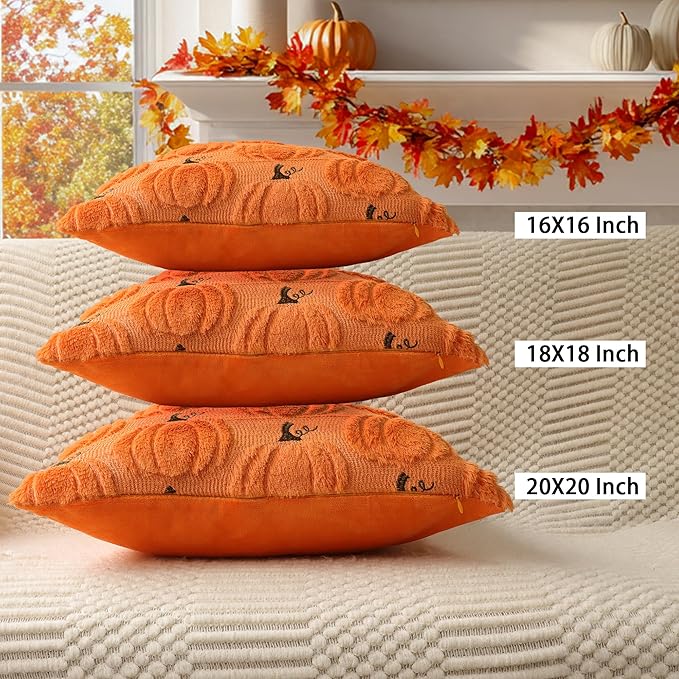 4TH Emotion Fall Pumpkin Decorative Pillow Covers 16x16 Set of 2, Orange Soft Plush Faux Fur Wool Farmhouse Throw Cushion Cases for Autumn Thanksgiving Holiday Home Decorations