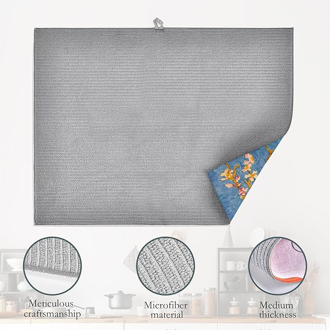 Almond Blossom Tree Dish Drying Mat for Kitchen Counter Decor,Flower Dish Drying Rack Pad Absorbent Reversible Microfiber for Coffee Tableware Sink Countertop 18x24 Inch