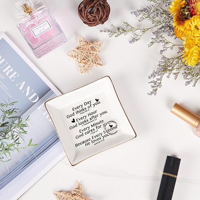 Christian Gifts for Women Faith Jewelry Dish with Bible Verse Prayers, Religious Gifts Scripture Gifts Spiritual Gifts for Women Men Friends Birthday - Every Second God He Loves You