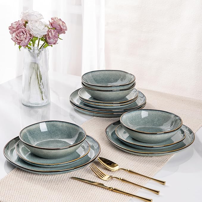 AmorArc Ceramic Dinnerware Sets,Handmade Reactive Glaze Stonewre Plates and Bowls Sets,Highly Chip and Crack Resistant | Dishwasher & Microwave Safe Dishes Set,Service for 4 (12pc)