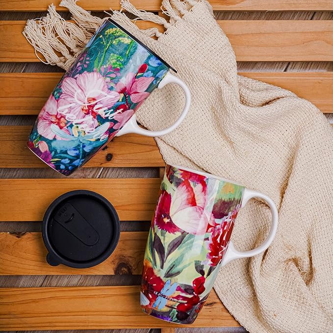 Topadorn Ceramic Coffee Mug Travel Mug with Lid Tea Cup,Set of 2,17oz.Dragonfly
