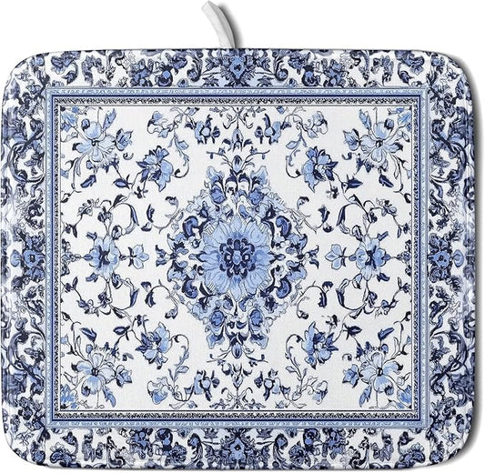 Boho Floral Dish Drying Mat 16x18 Inch Blue Leaves Kitchen Drying Pad Reversible Absorbent Dish Drainer Rack Mats Counter Tableware Decor
