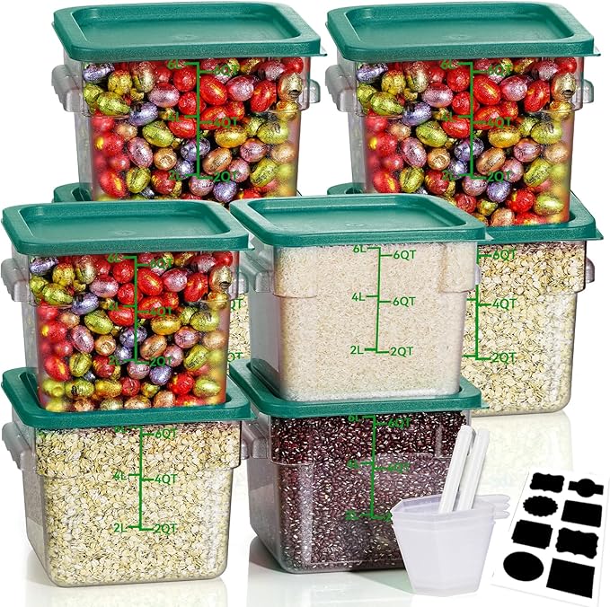 6QT NSF Food Storage Containers: 8 PCS [Food Grade][Hot&Cold Resistant] Commercial Clear Square Food Storage Containers with Scales Handles for Home Restaurant Kitchen Proof Dough(BPA FREE-GREEN)
