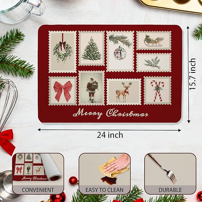 Vintage Red Christmas Dish Drying Mat, Christmas Tree Santa Reindeer Disco Coffee Bar Mat for Countertops, Merry Xmas Absorbent Dish Drying Mats for Kitchen Counter Coffee Maker, 16x24 Inch