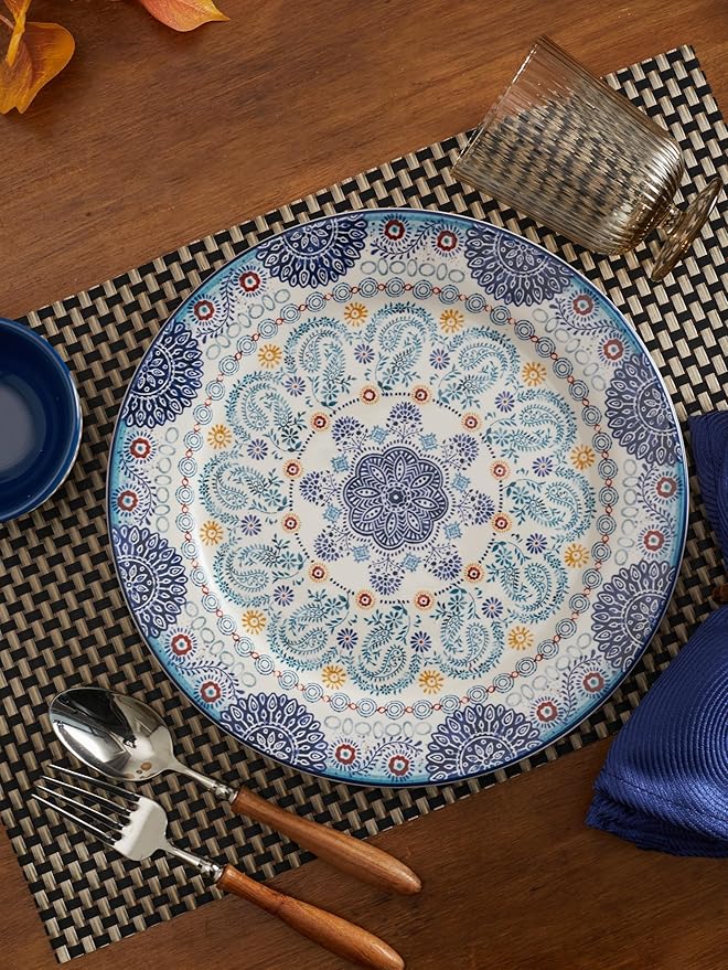 Bico Blue Talavera Dinner Plates Set of 4, 11 Inch Large Ceramic Plates for Pasta, Steak, Stylish Serving Dishes, Microwave and Dishwasher Safe, Gift for Housewarming and Thanksgiving