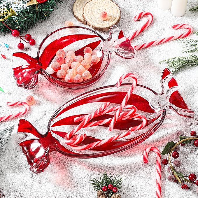 Christmas Dish, Red Set of 2 Glass Candy Platter Serving Dessert Plates, Christmas Dinnerware Tray Decorative Plates for Xmas Holiday Party Favor, Long & Round