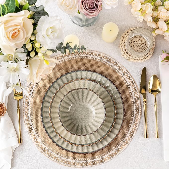 GBHOME Stoneware Dinnerware Sets for 4,Handcrafted Embossed Design Reactive Glaze Ceramic Plates and Bowls, Dishwasher and Microwave Safe, Service for 4(12pcs)