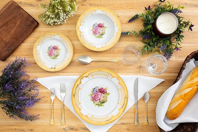 Porcelain Dinnerware Sets for 4 - White and Gold 16 Piece Set Vintage Inspired Roses Kitchen Dining Plate, Salad Plates, Soup Plate-Bowl Mugs for Every Day Dishes or Formal Occasions
